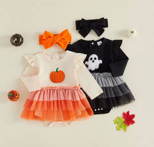 Infant Embroidered Pumpkin & Ghost Tulle Romper