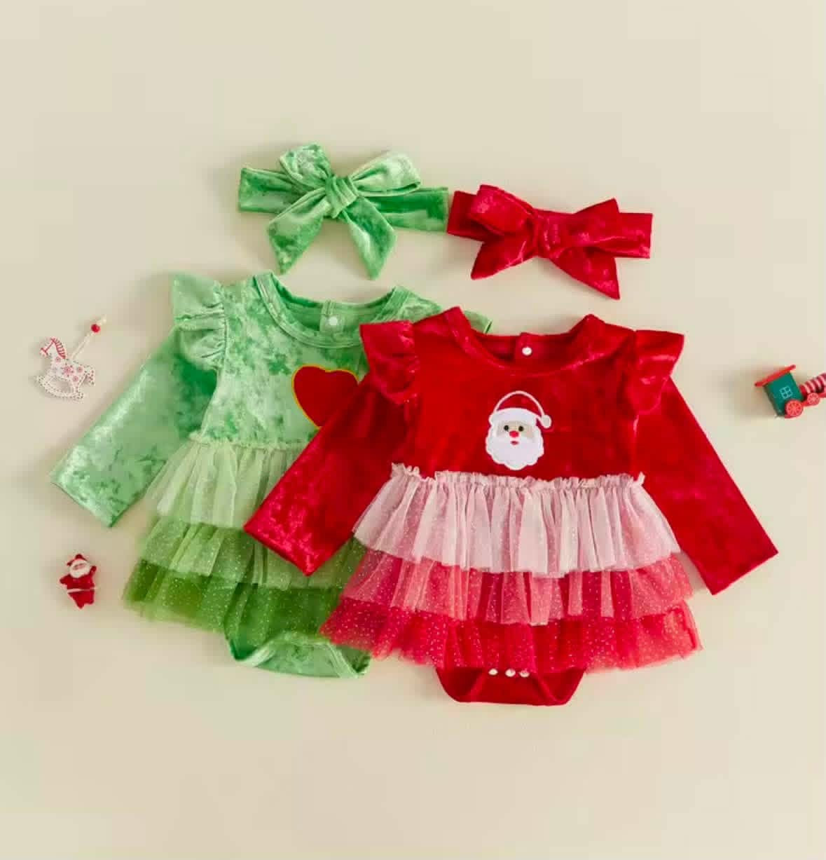 Red & Green Velour Tulle Christmas Rompers
