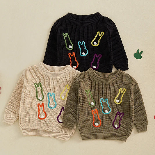 Multi Colored Bunny Crew Neck Knit Pullover